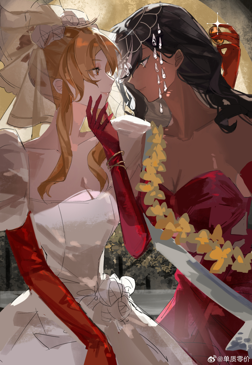 2girls, absurdres, artist_request, bare_shoulders, black_hair, blonde_hair, bracelet, breasts, centurion_(reverse:1999), centurion_(the_universal_star)_(reverse:1999), cleavage, closed_mouth, collarbone, couple, dark-skinned_female, dark_skin, dress, elbow_gloves, eye_contact, eyebrows_hidden_by_hair, eyes_visible_through_hair, gloves, half-closed_eyes, hand_up, highres, holding, holding_jewelry, imminent_kiss, interracial, jewelry, large_breasts, lips, long_dress, long_hair, looking_at_another, medium_breasts, melania_(a_peaceful_night)_(reverse:1999), melania_(reverse:1999), multiple_girls, naughty_face, neck, official_alternate_costume, red_dress, red_gloves, reverse:1999, sash, short_hair, short_hair_with_long_locks, sidelocks, smile, strapless, strapless_dress, watermark, weibo_watermark, white_dress, white_sash, yuri