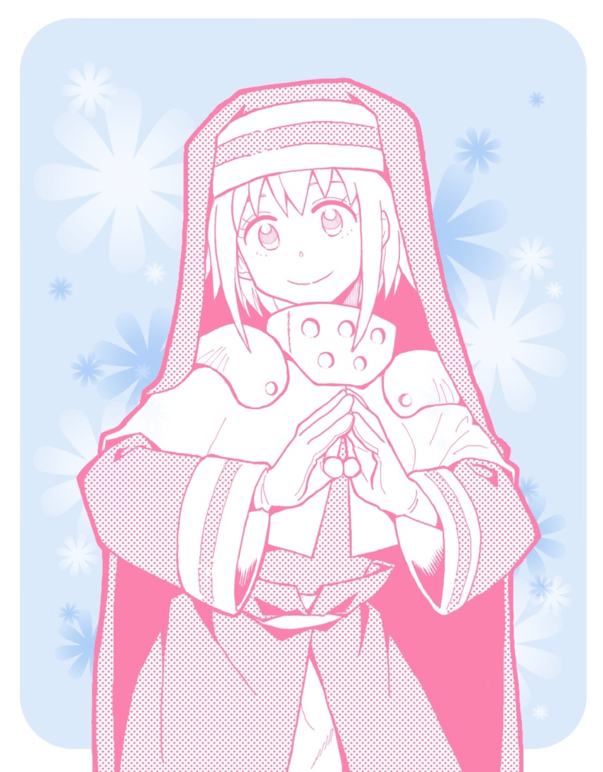 1girl, en'en_no_shouboutai, highres, iris_(enen_no_shouboutai), nun, screentones, smile, tokoswrb88