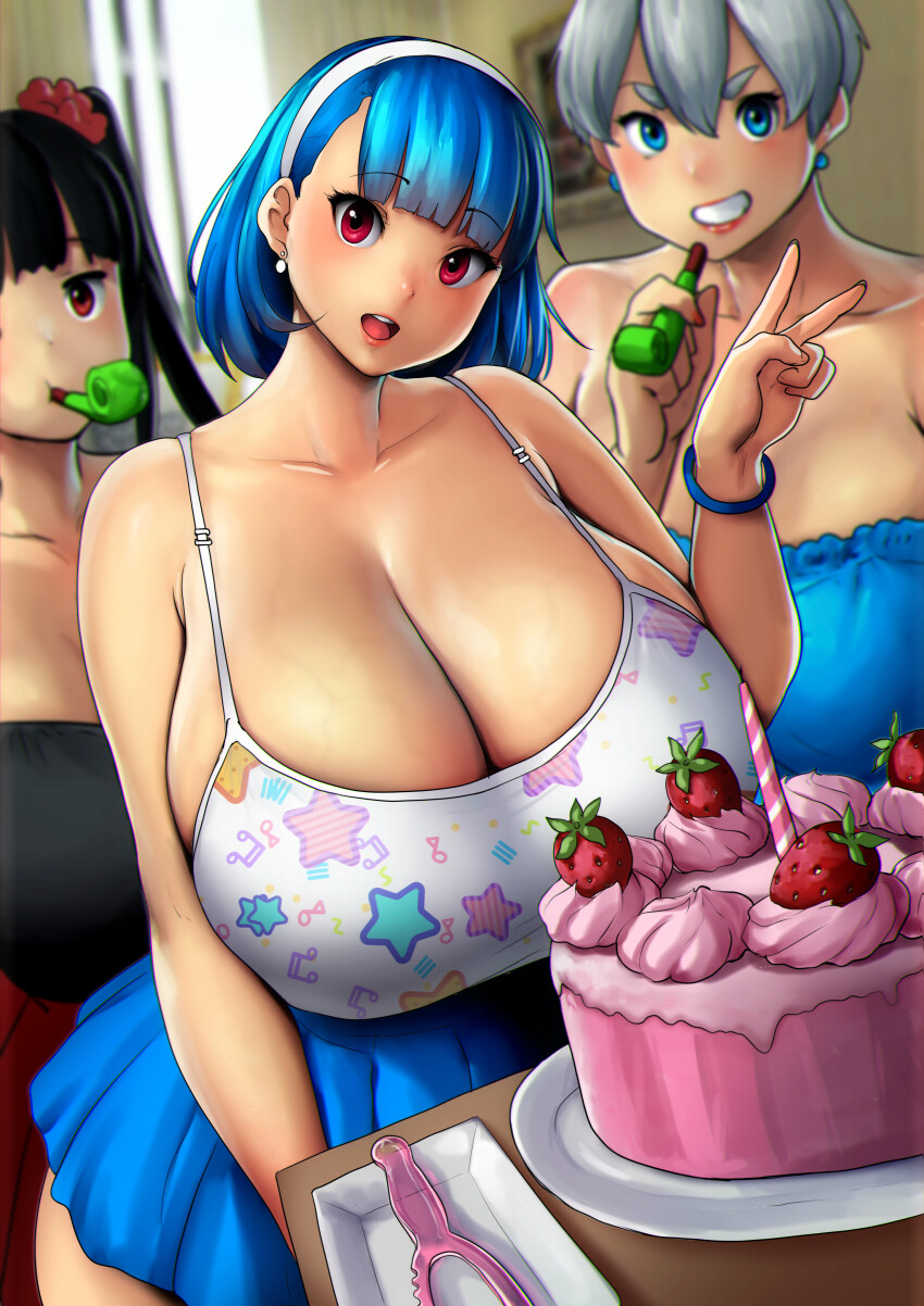 3girls, absurdres, bare_shoulders, black_hair, blue_eyes, blue_hair, blue_skirt, bracelet, breasts, cleavage, erkaz, food, fruit, gigantic_breasts, grey_hair, hairband, head_tilt, highres, huge_breasts, indoors, jewelry, looking_at_viewer, medium_hair, miniskirt, multiple_girls, open_mouth, original, party_horn, plate, pleated_skirt, red_eyes, rey_tannhauser_(erkaz), rina_atherina, skirt, smile, strapless, strawberry, tank_top, tube_top, twintails, v, veins, veiny_breasts, white_hairband, yukihana_(erkaz)