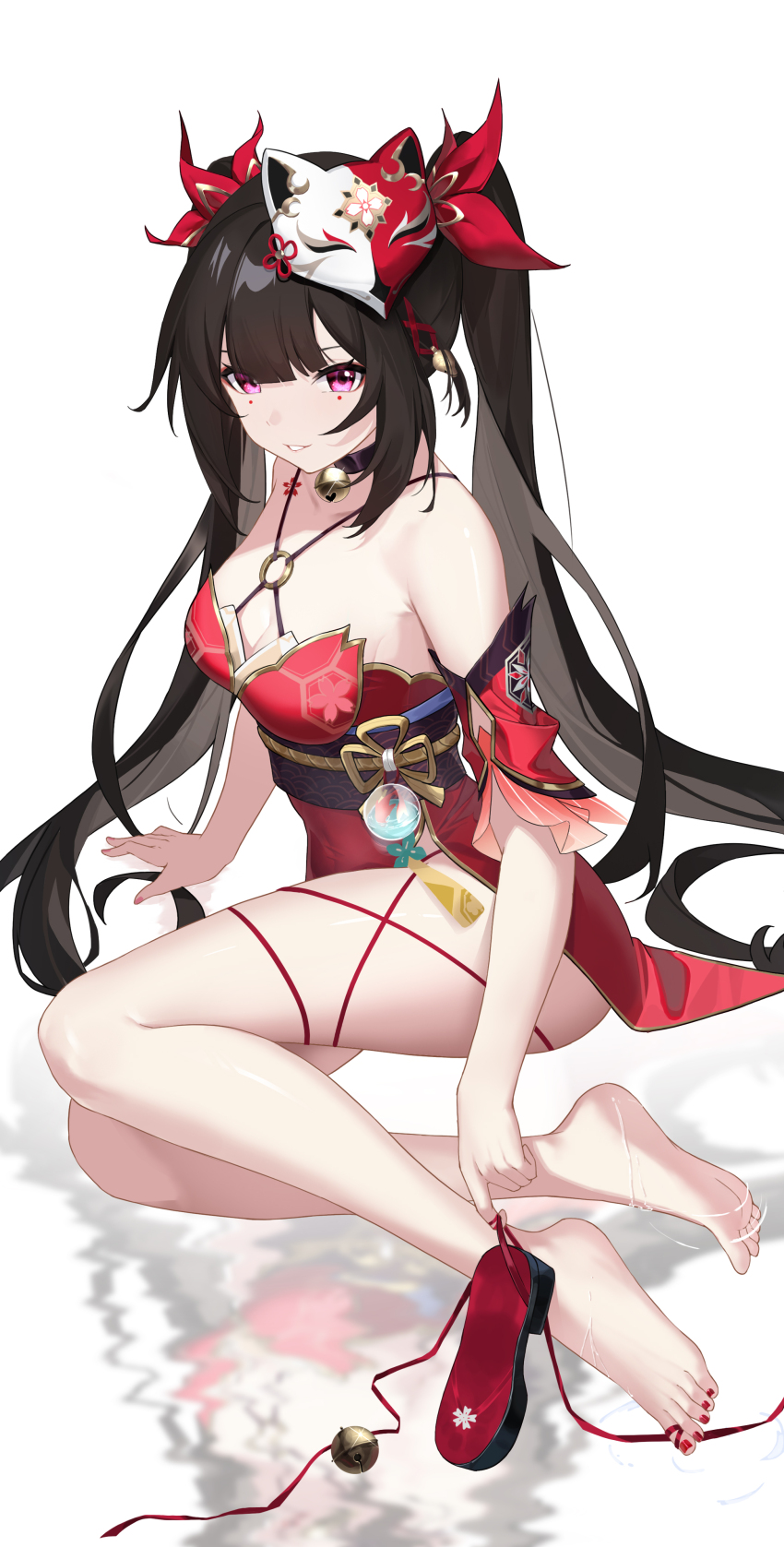 1girl, absurdres, bare_legs, barefoot, bell, black_choker, black_hair, black_sash