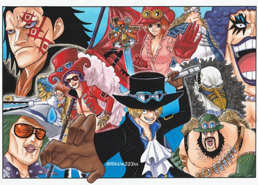 2girls, 6+boys, absurdres, ascot, bald, bartholomew_kuma, beard, belo_betty, black_hair, blonde_hair, blue_background, blue_shirt, brown_gloves, chinese_commentary, coat, collared_shirt, commentary, emporio_ivankov, eyelashes, facial_hair, facial_tattoo, flag, frilled_shirt, frills, fur_coat, gloves, goggles, goggles_on_headwear, green_hair, hack_(one_piece), hair_slicked_back, hand_on_own_hip, hat, hat_feather, highres, holding, holding_flag, inazuma_(one_piece), jacket, jewelry, karasu_(one_piece), koala_(one_piece), lindbergh_(one_piece), looking_at_viewer, looking_to_the_side, monkey_d._dragon, morley, multicolored_hair, multiple_boys, multiple_girls, necklace, necktie, one_piece, open_clothes, open_jacket, open_mouth, orange_coat, orange_hair, orange_headwear, pink_shirt, profile, purple_hair, purple_lips, red-tinted_eyewear, red_flag, red_gloves, red_headwear, red_jacket, red_necktie, riku_(rikuw223xx), sabo_(one_piece), scar, scar_on_face, shirt, short_hair, sunglasses, tattoo, tinted_eyewear, top_hat, twitter_username, two-tone_hair, upper_body, white_ascot, white_hair, white_headwear