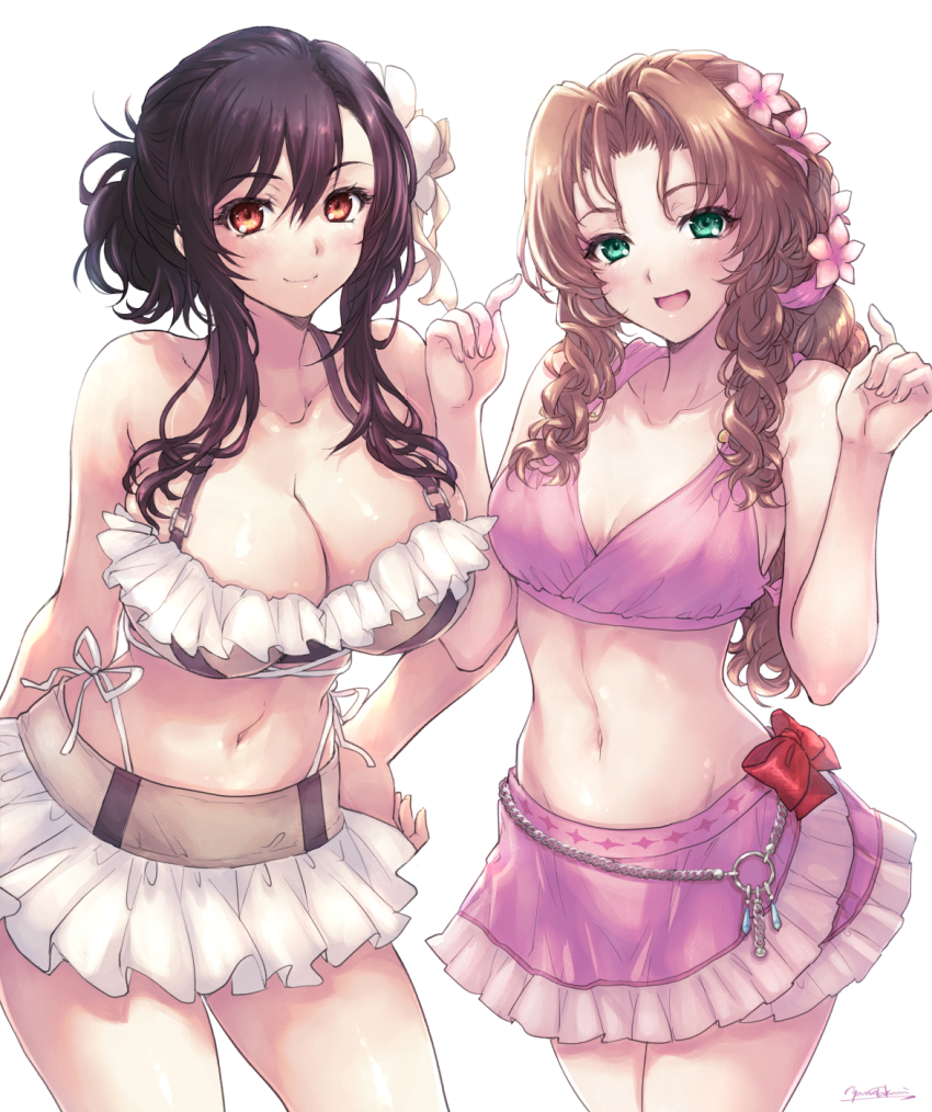 2girls, aerith_gainsborough, aerith_gainsborough_(pink_mermaid), bare_arms, bare_shoulders, bikini, braid, braided_ponytail