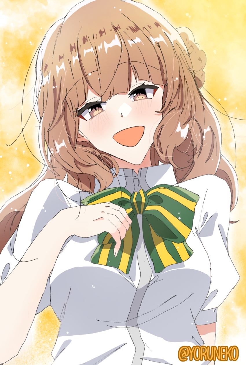 1girl, blue_bow, blue_bowtie, blush, bow, bowtie, breasts, brown_eyes