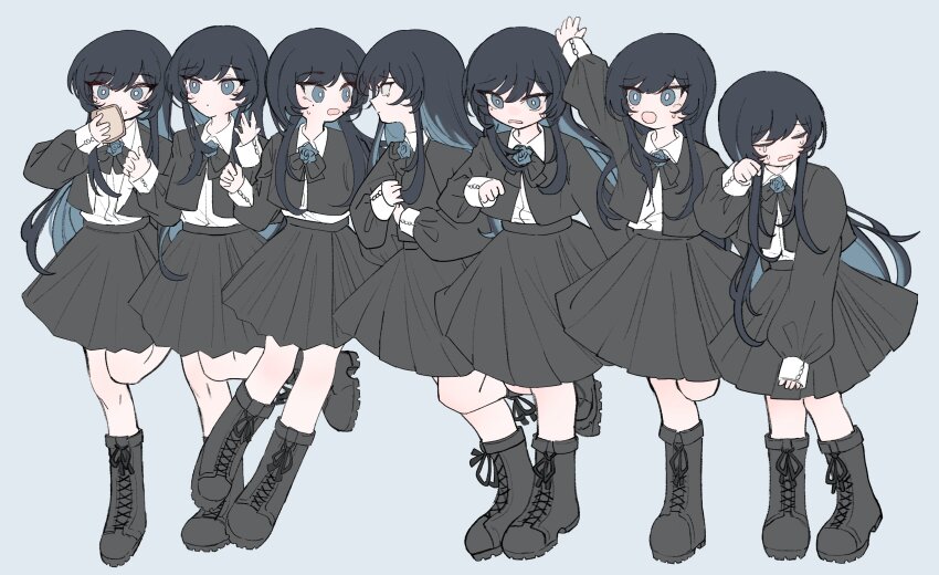 6+girls, absurdres, ado_(utaite), arm_up, black_bow, black_bowtie, black_footwear, black_hair