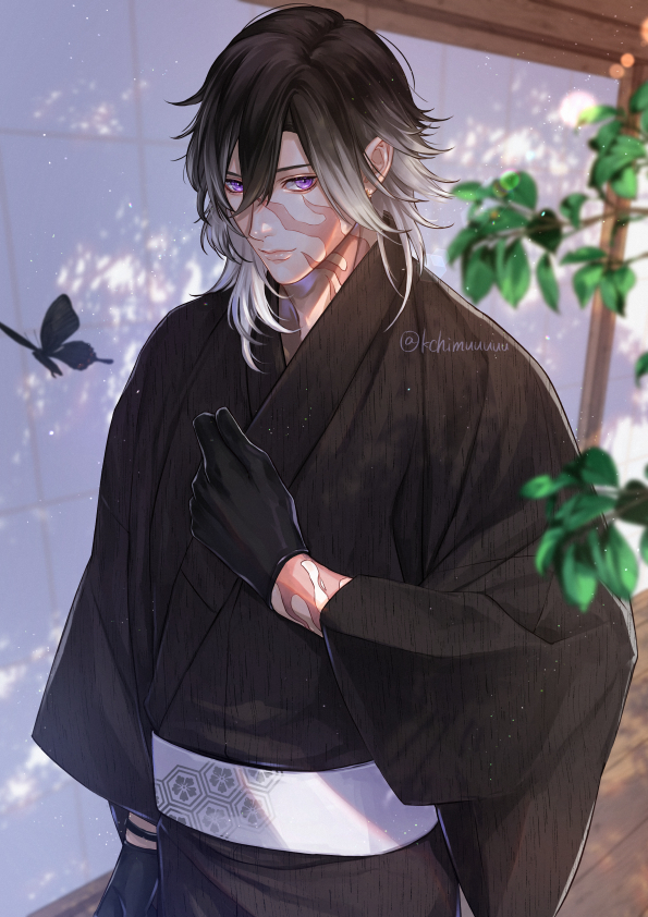 1boy, alternate_costume, architecture, arm_at_side, artist_name, black_gloves, black_hair, black_kimono