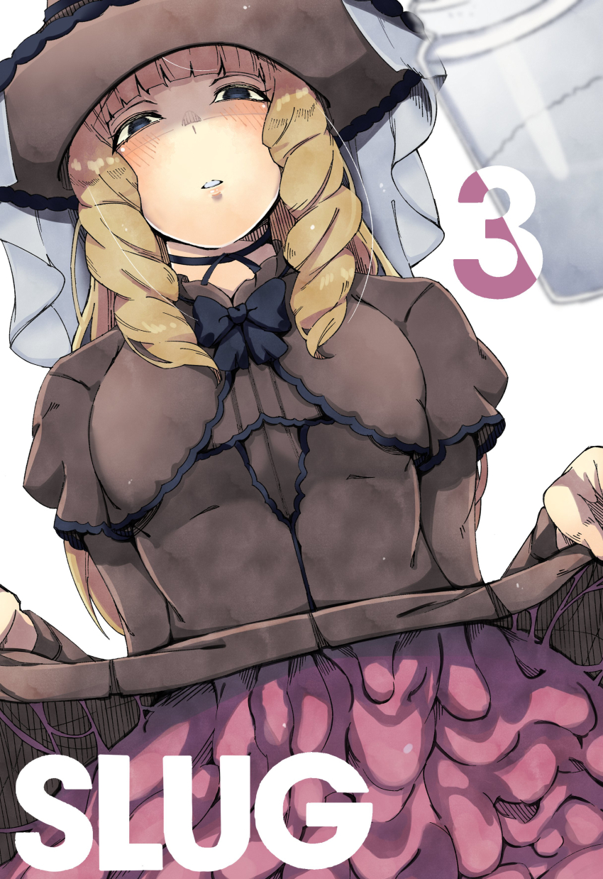 1girl, absurdres, black_bow, black_bowtie, black_choker, black_eyes, blonde_hair, blush