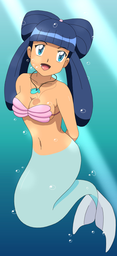 1girl, arms_behind_back, blue_eyes, blue_hair, breasts, bubble, dark_blue_hair, james_donaldson