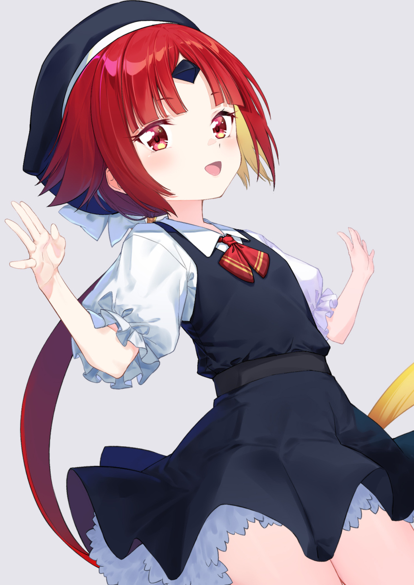 1girl, beni-enma, beni-enma_(tour_outfit), blush, breasts, coffeekite, fate/grand_order, fate_(series), highres, long_hair, looking_at_viewer, low_ponytail, open_mouth, parted_bangs, ponytail, red_eyes, red_hair, small_breasts, smile, solo