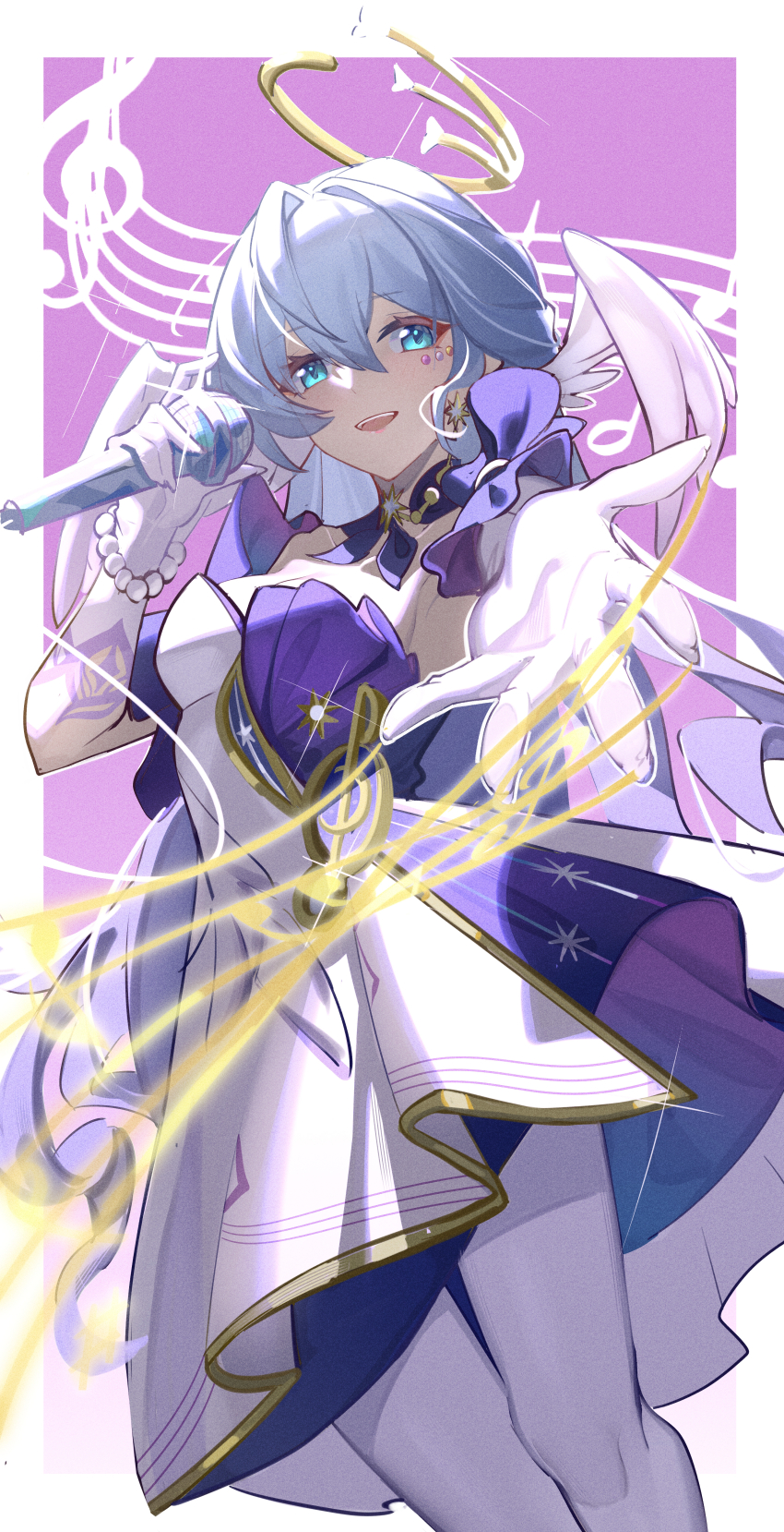 1girl, absurdres, arm_up, blue_eyes, blush, border, bracelet, breasts