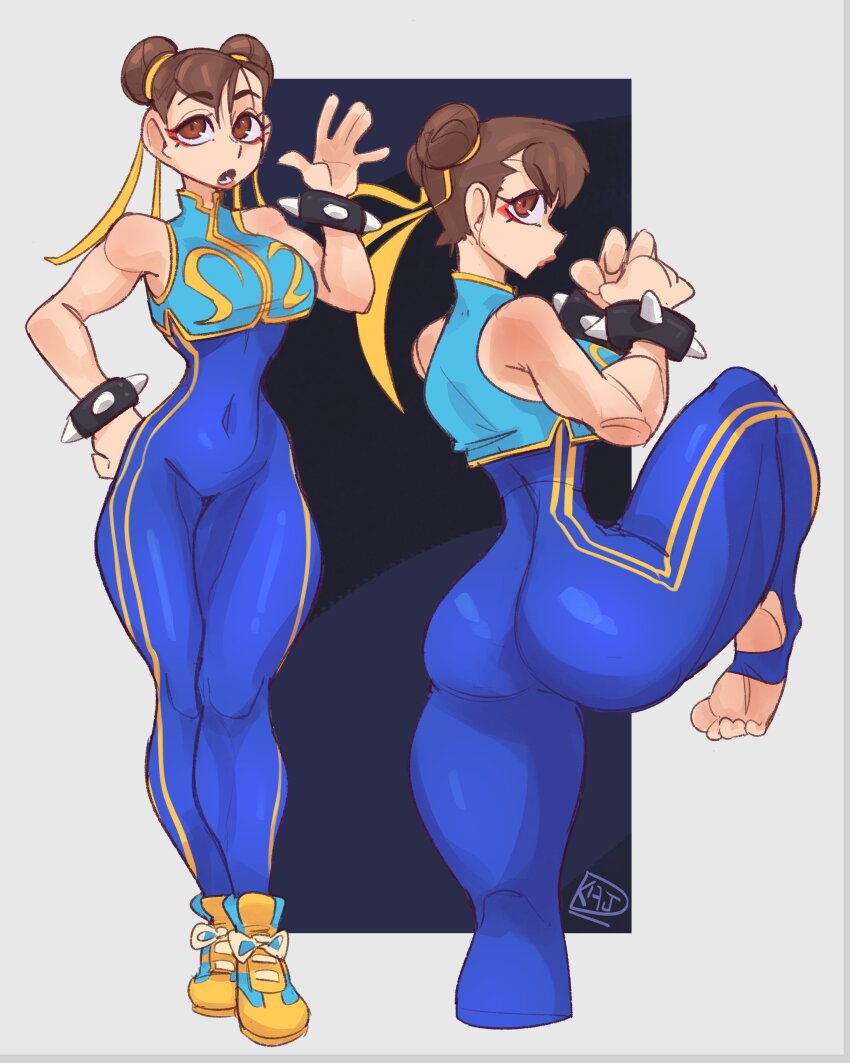 1girl, absurdres, ass, bare_shoulders, blue_unitard, blue_vest, bracelet, brown_eyes