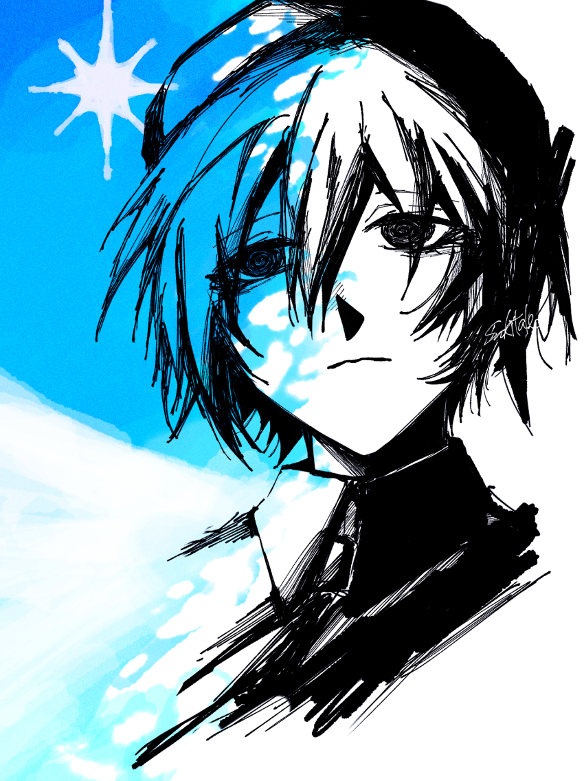 1girl, @_@, bags_under_eyes, beret, blue_background, closed_mouth, collared_shirt, commentary_request