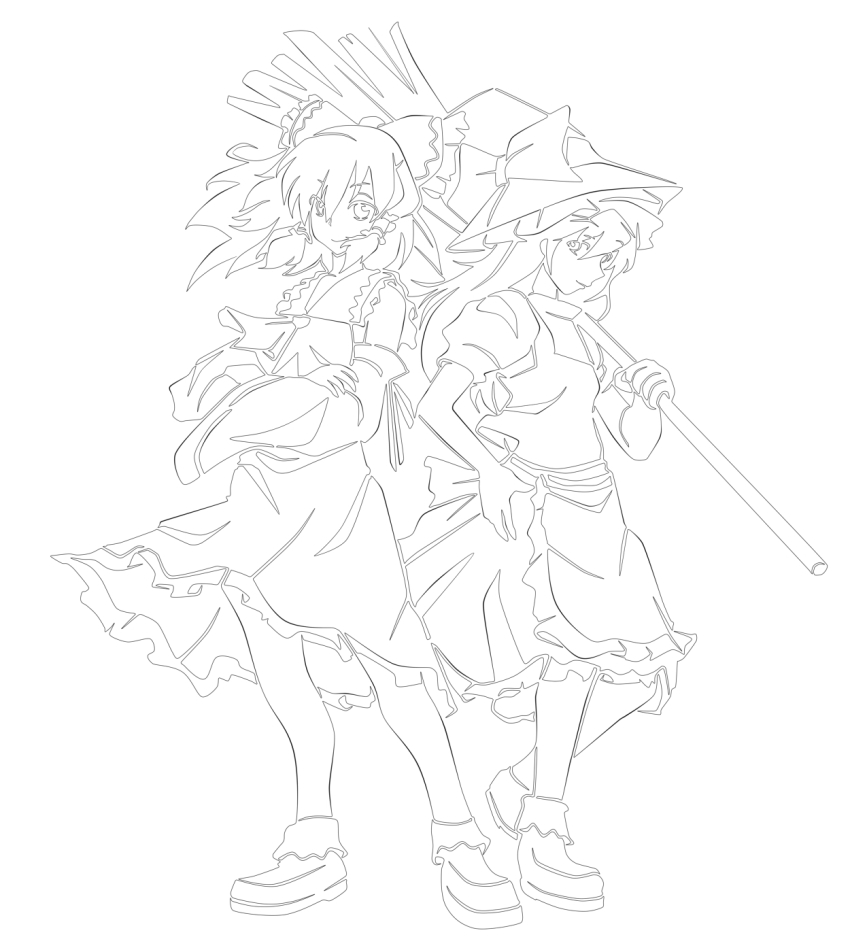 2girls, ao_usagi, bow, broom, crossed_arms, female_focus, greyscale, hair_bow