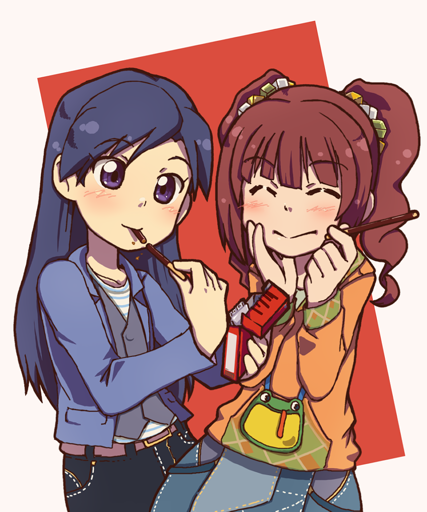 blue_hair, brown_hair, eating, closed_eyes, food, idolmaster, idolmaster_(classic), kisaragi_chihaya