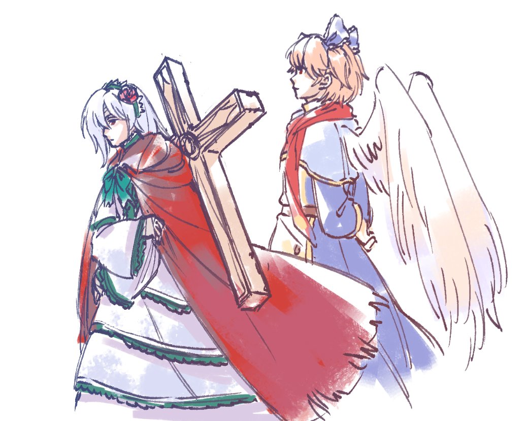 2girls, angel_wings, bandage_over_one_eye, blue_bow, bow, brown_hair, cape, cross
