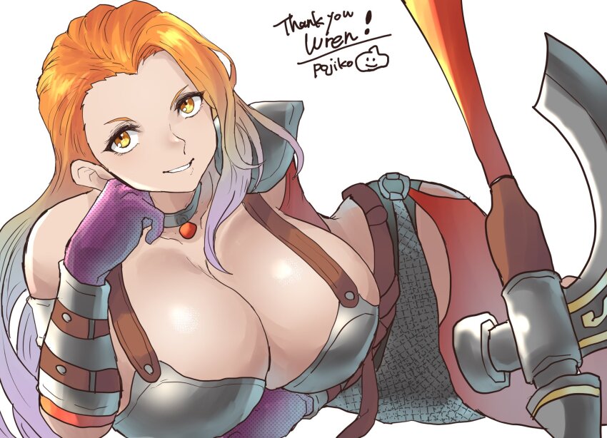 1girl, axe, breasts, chikoinochi, choker, cleavage, dragon_quest, dragon_quest_heroes_ii, female_focus, gloves, highres, huge_breasts, large_breasts, long_hair, looking_at_viewer, lying, multicolored_hair, on_side, orange_hair, ornaze_(dqhii), purple_hair, solo, two-tone_hair, yellow_eyes