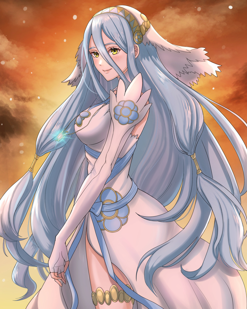 1girl, absurdres, azura_(fire_emblem), blue_hair, blush, breasts, closed_mouth, cloud, commentary, detached_sleeves, dress, elbow_gloves, fingerless_gloves, fire_emblem, fire_emblem_fates, gloves, glowing_necklace, hair_between_eyes, hair_tubes, highres, jewelry, kousetu0506, leglet, lips, long_hair, looking_at_viewer, medium_breasts, necklace, nintendo, orange_sky, pendant, pink_lips, sky, smile, solo, veil, very_long_hair, white_dress, white_gloves, yellow_eyes