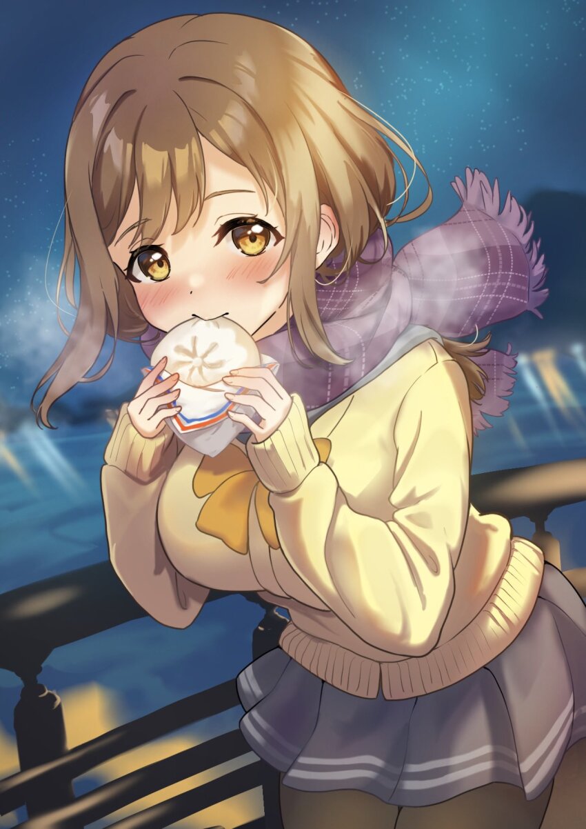 1girl, black_pantyhose, blurry, blurry_background, blush, breasts, breath, brown_cardigan