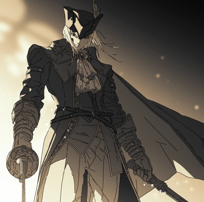 1girl, ascot, belt_buckle, bloodborne, buckle, chest_jewel, closed_mouth, collared_coat