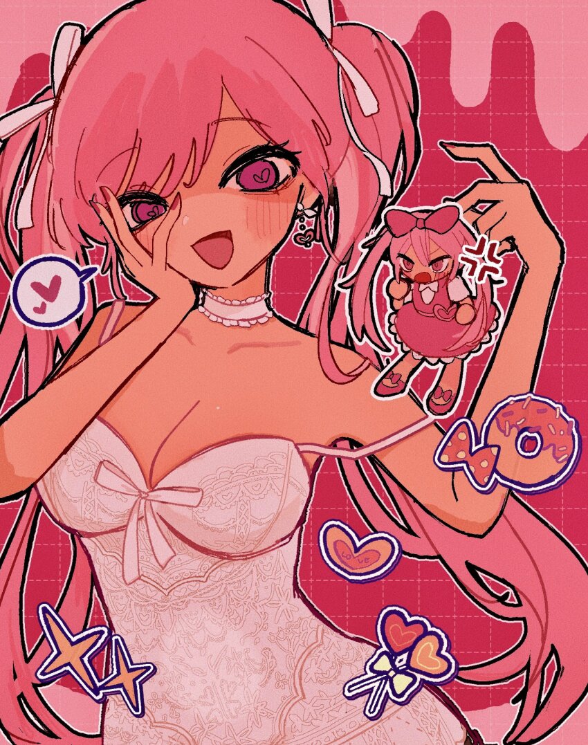 2girls, anger_vein, bare_shoulders, belt, bow, breasts, choker, cleavage