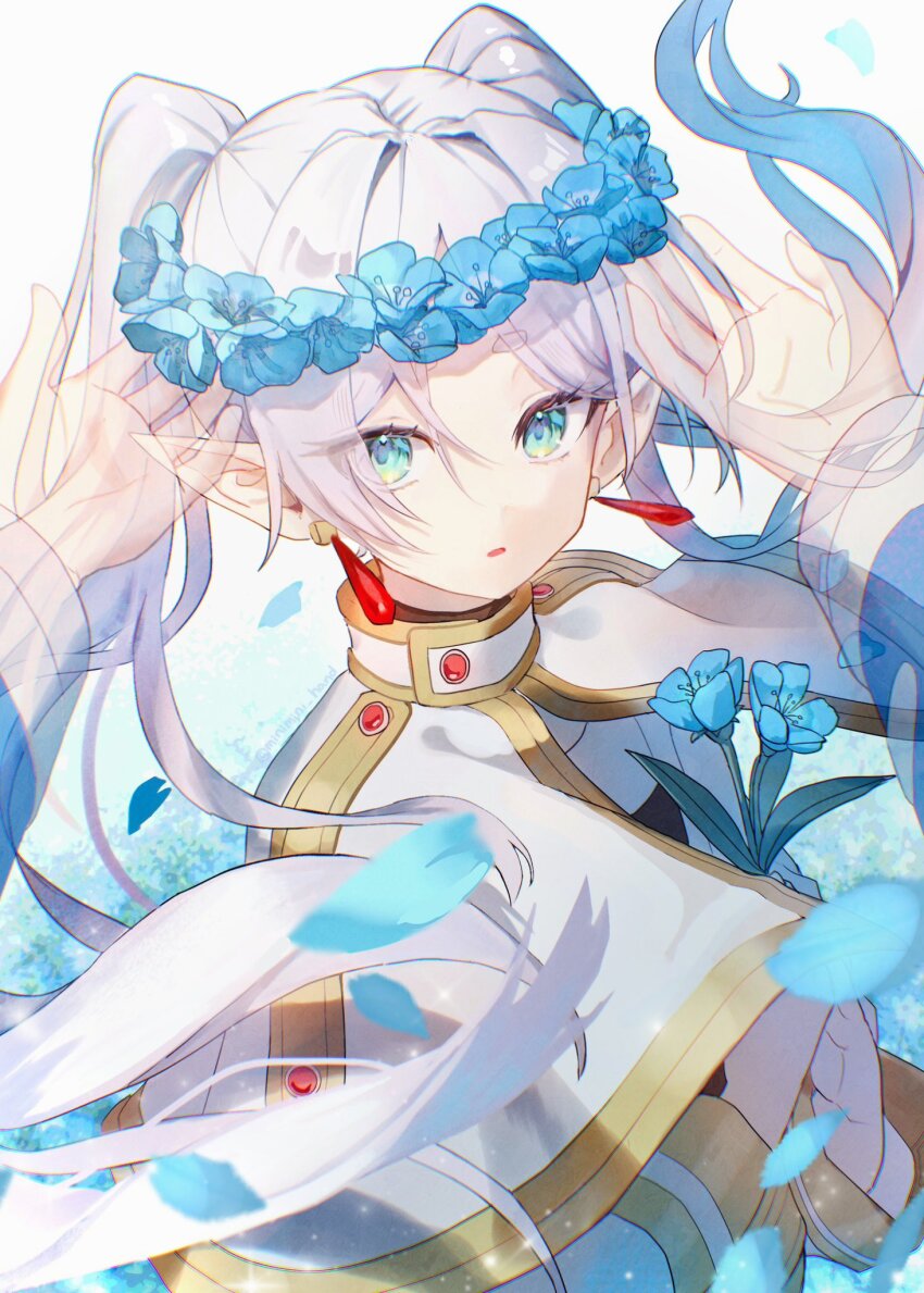 1boy, 1girl, blue_eyes, blue_flower, capelet, earrings, elf, flower