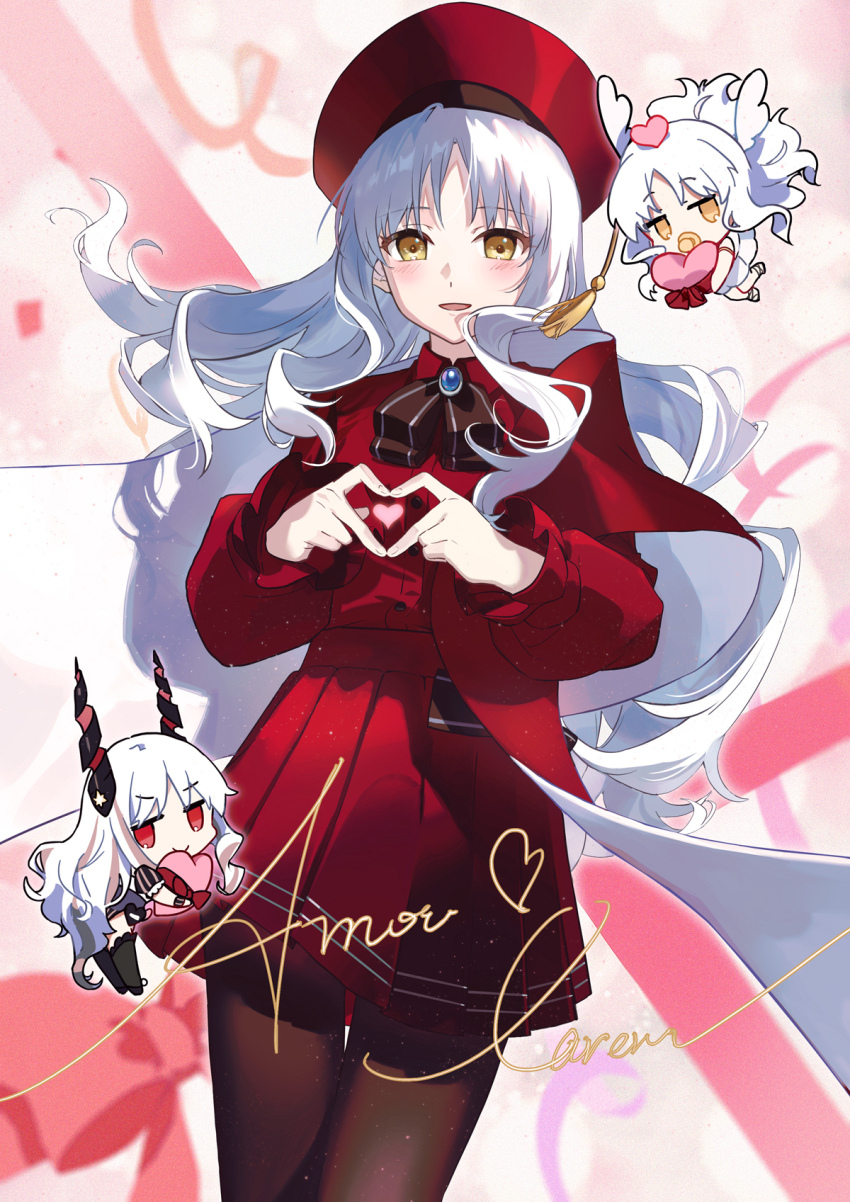 3girls, armlet, beret, black_footwear, black_horns, black_pantyhose, black_thighhighs, blue_gem