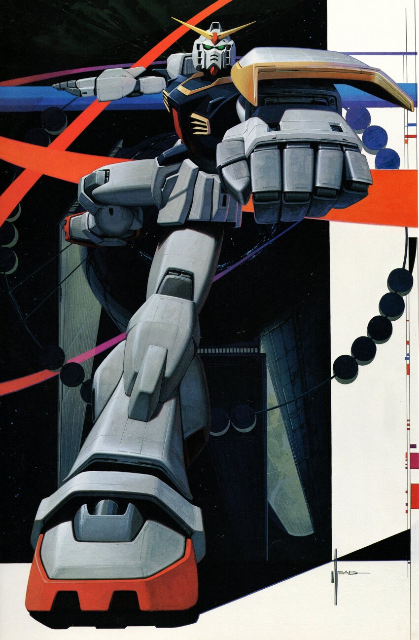 absurdres, aiming, aiming_at_viewer, border, concept_art, foreshortening, gundam, gundam_mk_ii, highres, mecha, mecha_focus, no_humans, o'neill_cylinder, robot, science_fiction, signature, space, space_habitat, syd_mead, third-party_source, traditional_media, zeta_gundam