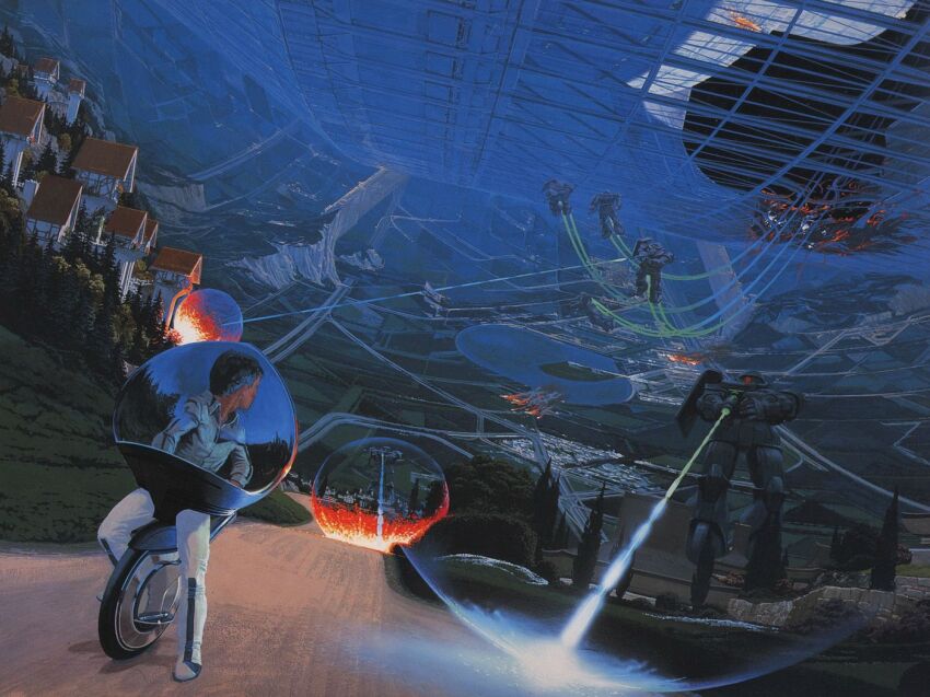 1boy, amuro_ray, beam_rifle, concept_art, energy_gun, energy_weapon, explosion, firing