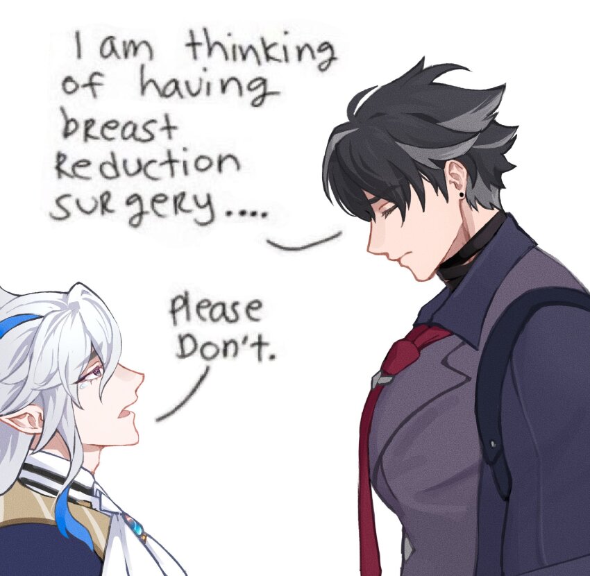 2boys, ahoge, ascot, black_choker, black_hair, blue_gem, blue_hair, blue_jacket, breast_reduction_surgery_(meme), buttons, choker, closed_eyes, closed_mouth, collared_shirt, collared_vest, commentary, ear_piercing, english_commentary, english_text, flower, gem, genshin_impact, grey_hair, hair_between_eyes, highres, jacket, large_pectorals, lin_(chuuchuyi), long_hair, long_sleeves, looking_at_another, male_focus, meme, multicolored_hair, multiple_boys, necktie, neuvillette_(genshin_impact), open_mouth, pectorals, piercing, pointy_ears, purple_eyes, purple_shirt, purple_vest, red_flower, shirt, short_hair, simple_background, speech_bubble, standing, tearing_up, tie_clip, tongue, two-tone_hair, vest, white_ascot, white_background, white_shirt, wriothesley_(genshin_impact)