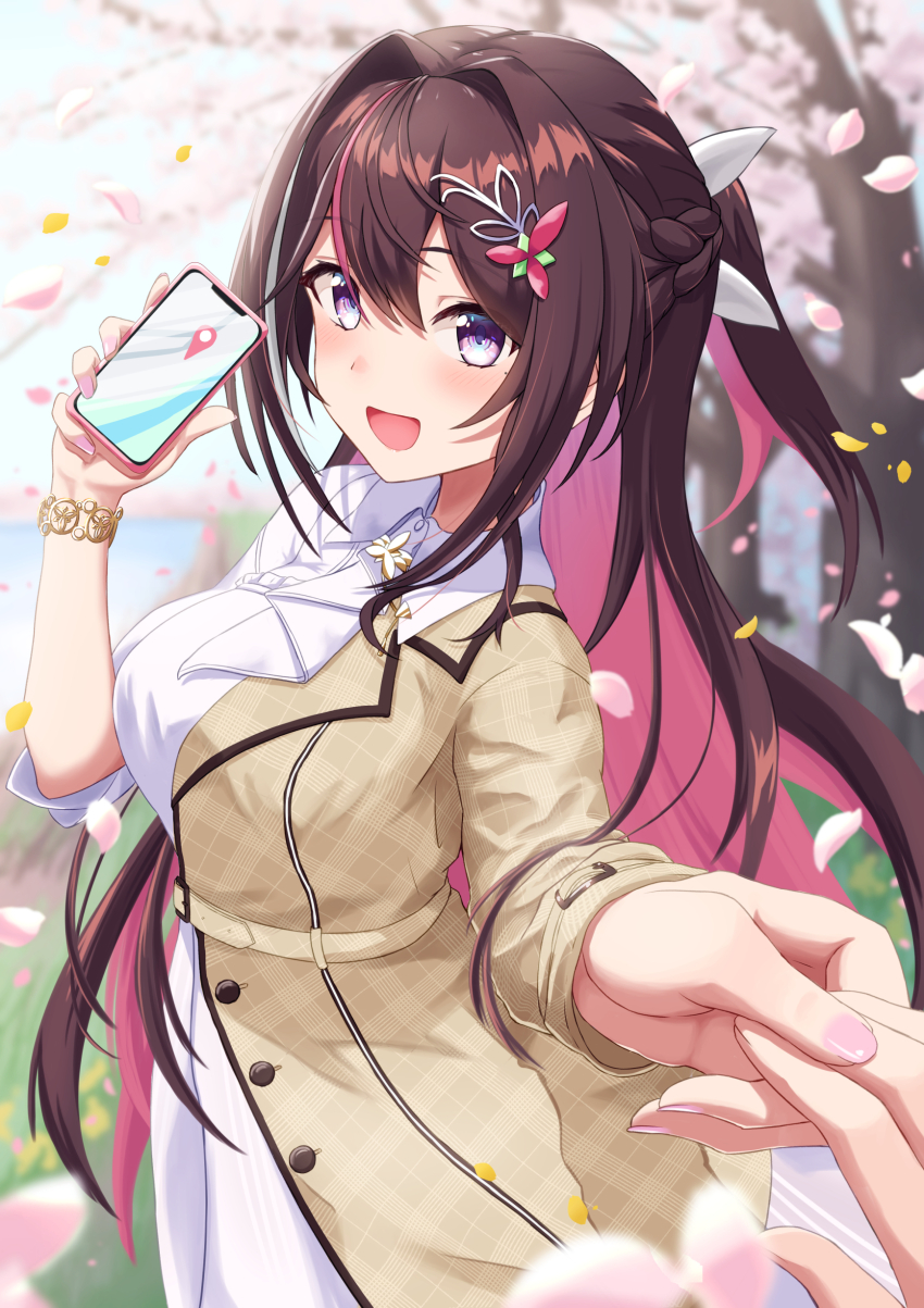 1girl, 1other, absurdres, asymmetrical_dress, asymmetrical_sleeves, azki_(4th_costume)_(hololive), azki_(hololive), black_hair