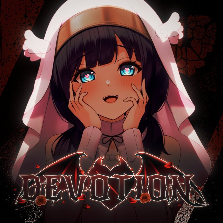 1girl, :d, alternate_color, amano_nene_(vtuber), amano_nene_(nun)_(vtuber), bare_shoulders, black_background, black_ribbon, blue_eyes, blue_hair, blunt_ends, blush, collar, commentary, cover, crazy_eyes, demon_horns, demon_wings, detached_collar, dress, eyelashes, flower, habit, hair_tie, hands_on_own_face, hands_up, heart, heart-shaped_pupils, high_collar, highres, horns, jewelry, long_sleeves, looking_at_viewer, low_twintails, neck_ribbon, necklace, nun, official_alternate_costume, official_alternate_hairstyle, official_art, open_mouth, pendant, petals, production_kawaii, red_background, red_flower, red_rose, ribbon, rose, rose_petals, sleeveless, sleeveless_dress, smile, solo, song_name, stitches, straight-on, symbol-shaped_pupils, teeth, twintails, tyabesu, upper_body, upper_teeth_only, veil, virtual_youtuber, white_collar, white_dress, white_veil, winged_headwear, wings, yandere_trance