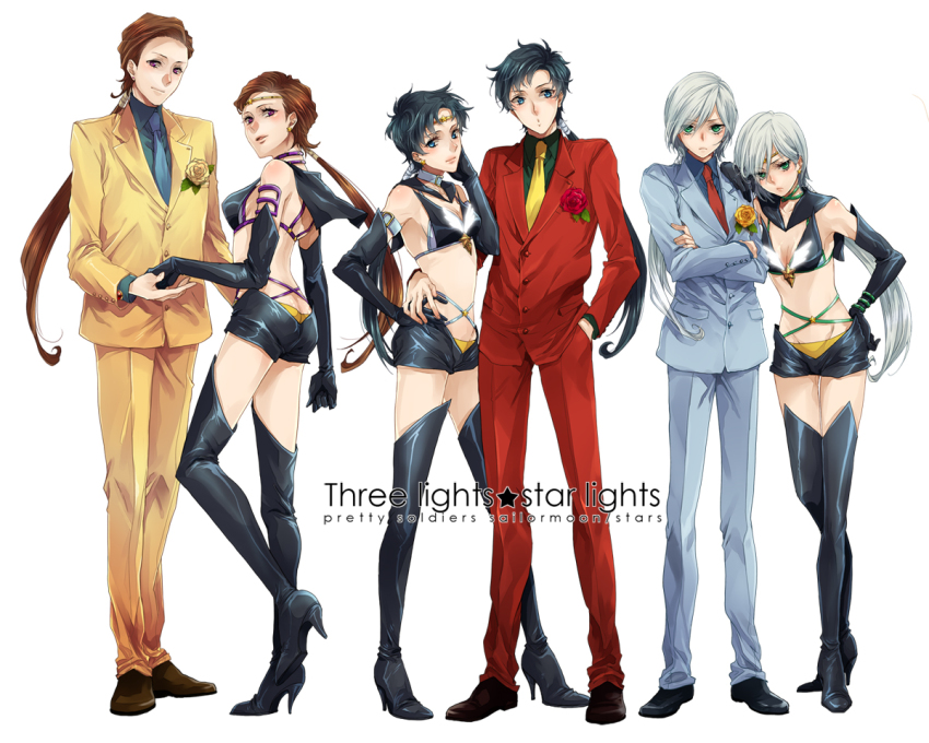 1990s_(style), 3boys, 3girls, androgynous, bishoujo_senshi_sailor_moon, bishoujo_senshi_sailor_moon_sailor_stars, bishoujo_senshi_sailor_moon_stars, black_hair, brown_hair, dual_persona, formal_clothes, genderswap, genderswap_(ftm), kou_seiya, kou_taiki, kou_yaten, long_hair, magical_girl, multiple_boys, multiple_girls, nakagawa_waka, retro_artstyle, reverse_trap, sailor_senshi, sailor_star_fighter, sailor_star_healer, sailor_star_maker, seiya_kou, suit, taiki_kou, thighhighs, white_background, white_hair, yaten_kou