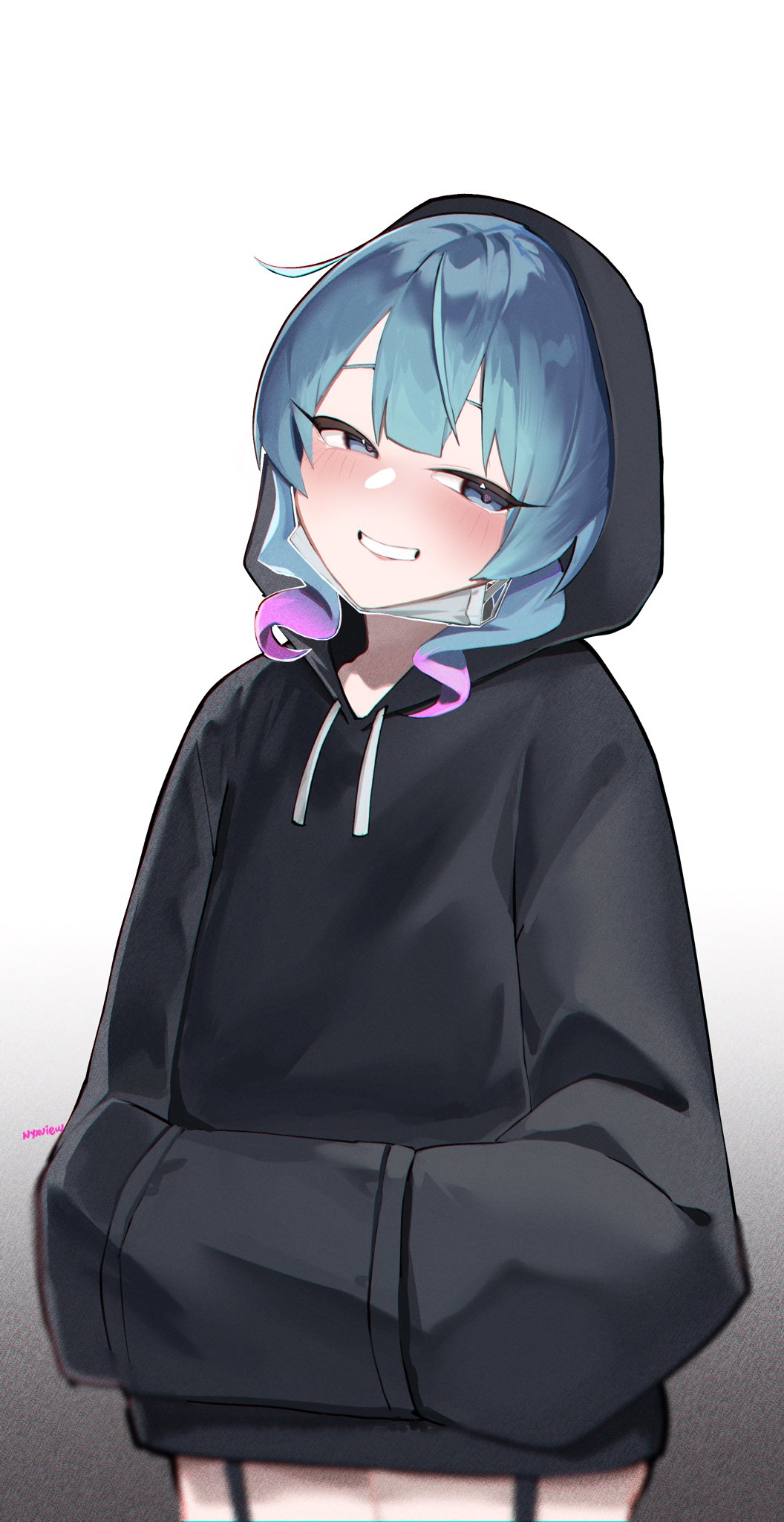 1girl, :d, black_hoodie, blue_hair, blush, cowboy_shot, drawstring, garter_straps