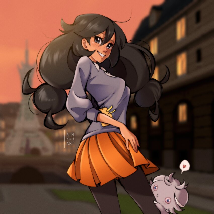 1girl, absurdres, ahoge, animal, artist_name, black_hair, black_leggings, blue_sweater