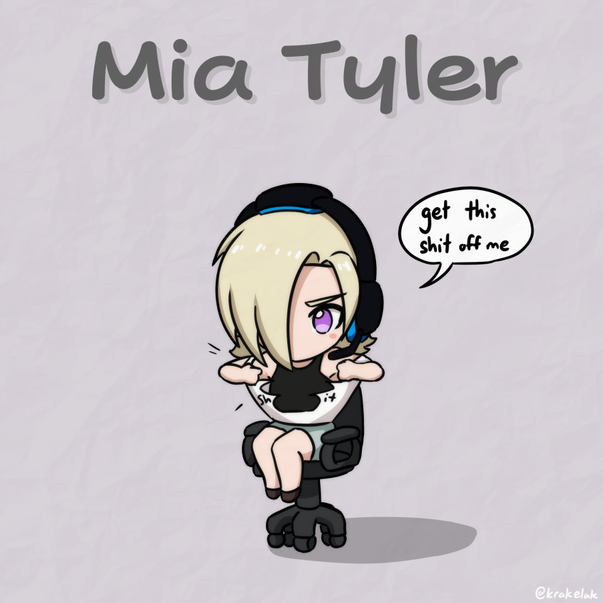 1girl, black_tank_top, blonde_hair, blush_stickers, chair, chibi, chibi_only, english_text