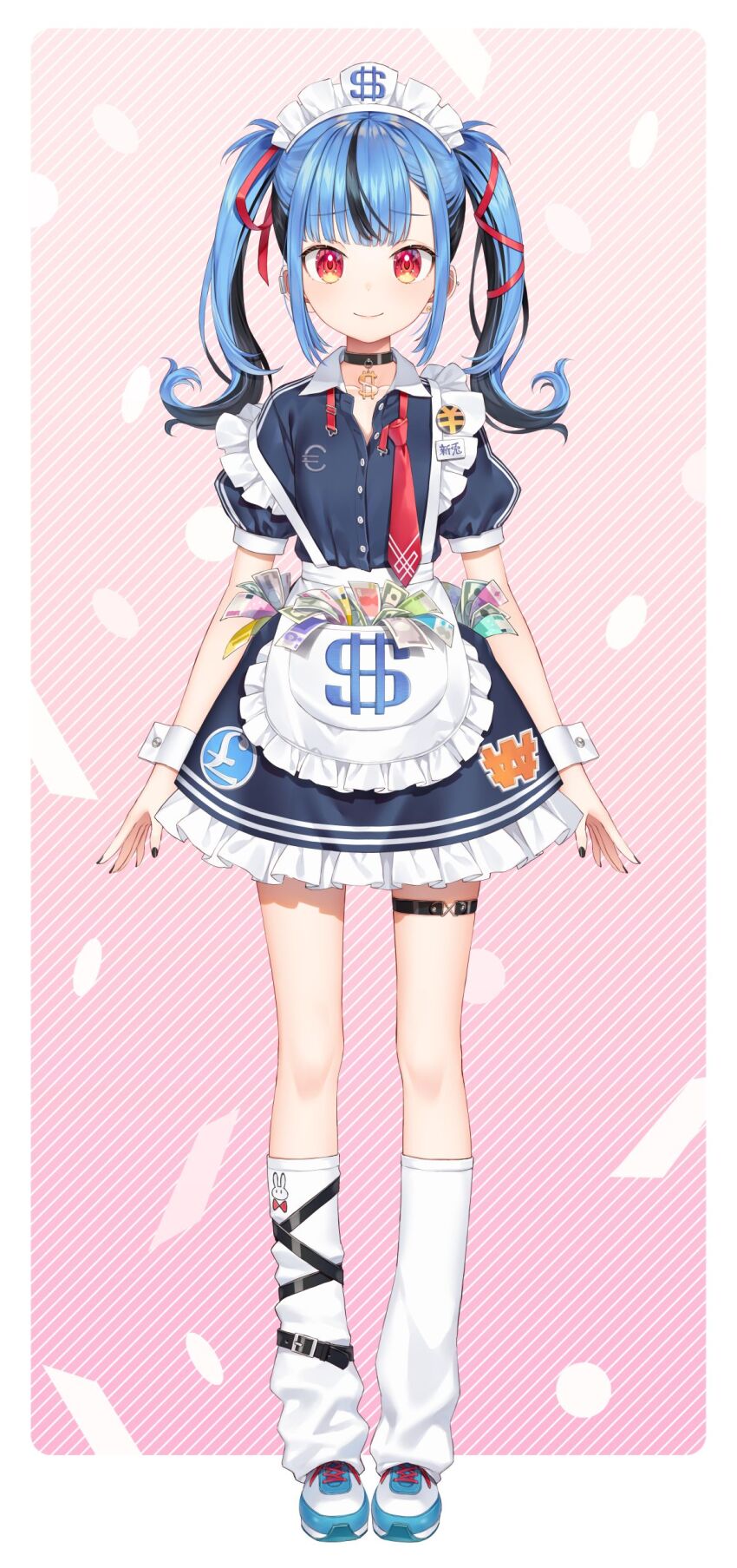 1girl, absurdres, apron, black_choker, black_dress, black_hair, black_nails, blue_hair