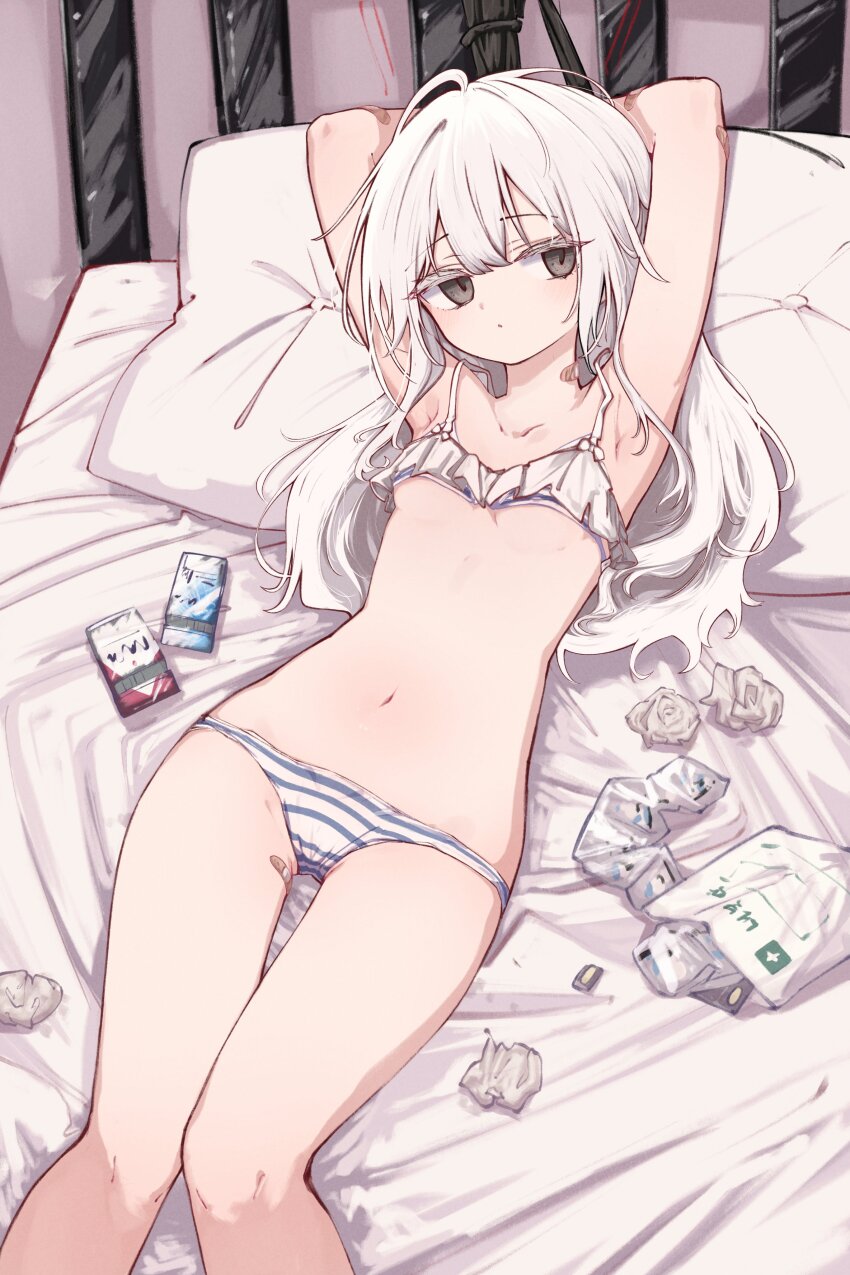 1girl, absurdres, armpits, arms_behind_head, bandaid, bandaid_on_leg, bed, bikini