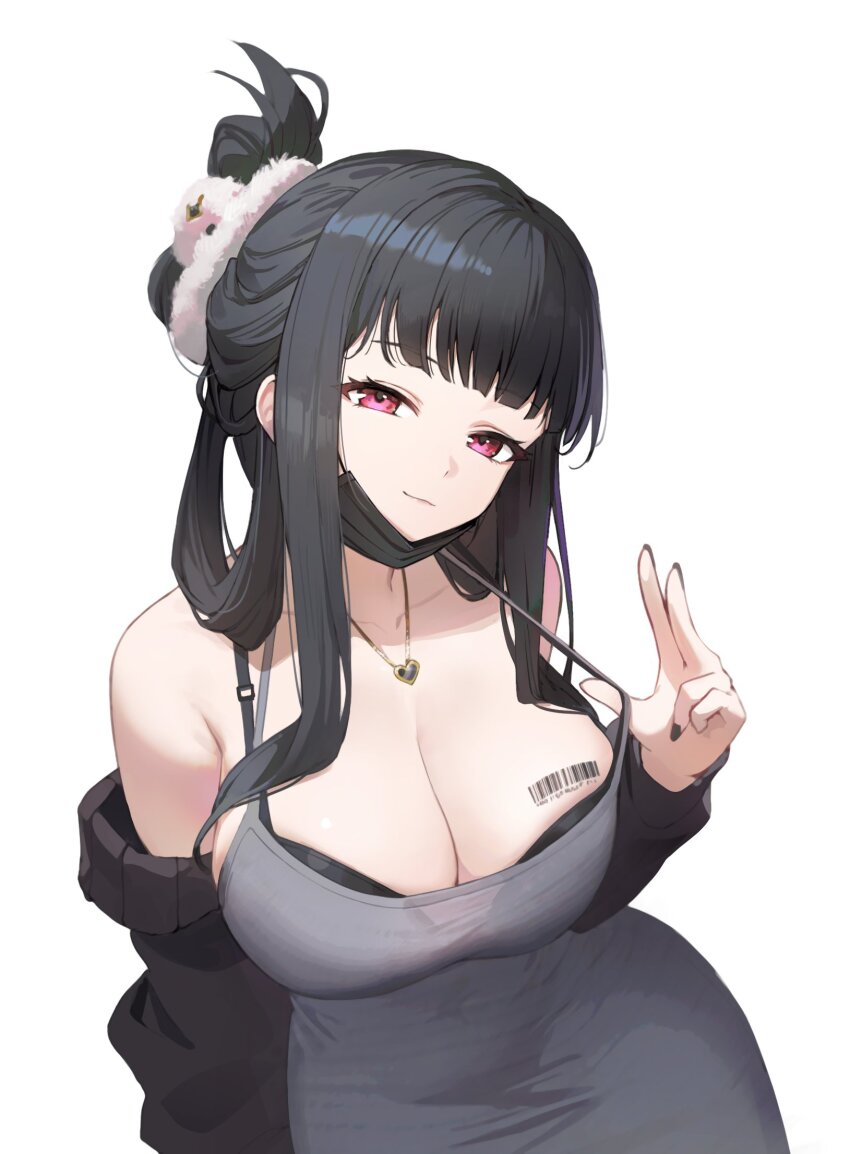 1girl, angcha, barcode, barcode_tattoo, black_bra, black_hair, black_jacket, blunt_bangs, bra, breasts, cleavage, clothes_pull, commentary_request, d_(killer_wife)_(nikke), d_(nikke), dongtan_dress, dress, dress_pull, folded_ponytail, goddess_of_victory:_nikke, grey_dress, hair_ornament, hair_scrunchie, heart, heart_necklace, highres, jacket, jewelry, korean_commentary, large_breasts, long_hair, looking_at_viewer, mask, mouth_mask, necklace, open_clothes, open_jacket, red_eyes, scrunchie, simple_background, smile, solo, tattoo, underwear, white_background