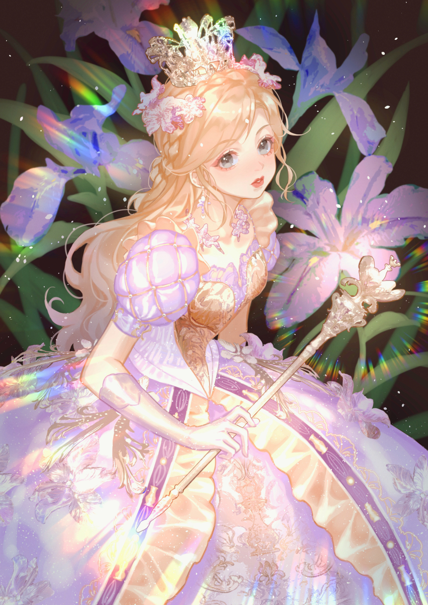 1girl, absurdres, black_background, blonde_hair, braid, crown, crown_braid, dress