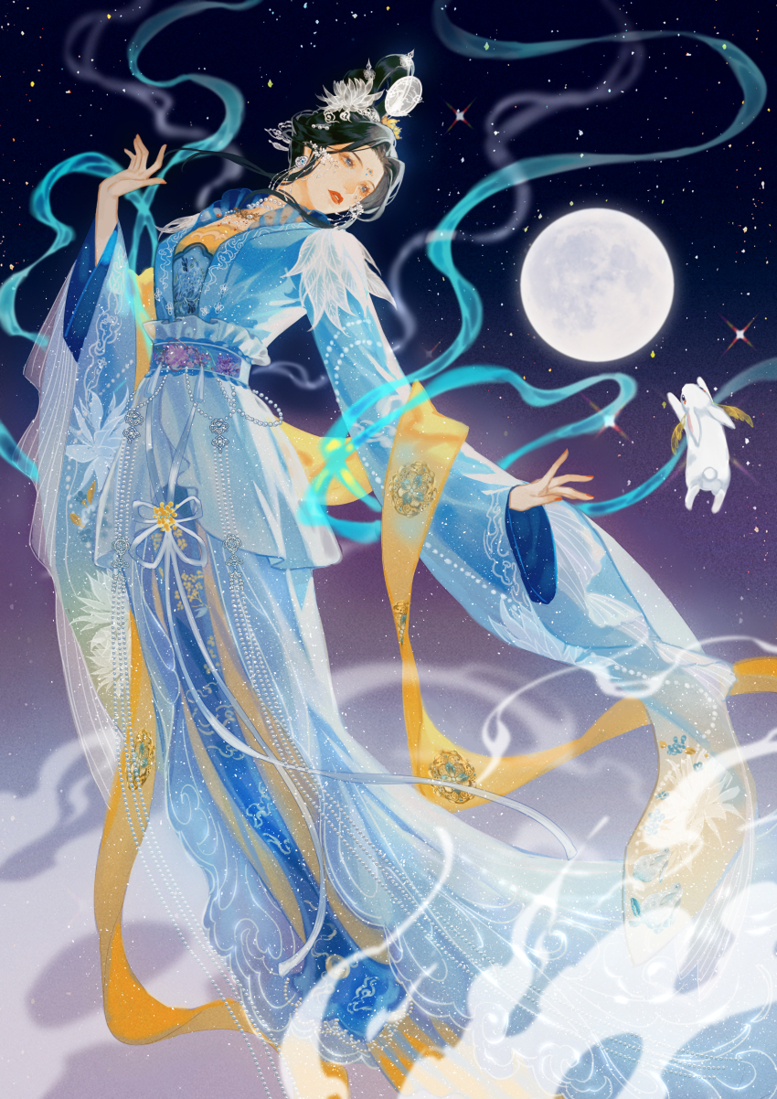1girl, absurdres, black_hair, blue_dress, blue_eyes, blue_sash, chinese_clothes, cloud, dress, duijin_ruqun, earrings, epiphyllum, feixianji_(hairstyle), floral_print, flower, forehead_jewel, full_body, full_moon, hagoromo, hair_bun, hair_flower, hair_ornament, hair_rings, hand_up, hanfu, highres, jewelry, layered_sleeves, life_makeover, looking_back, mid-autumn_festival, midair, moon, nail_polish, necklace, night, orange_nails, osmanthus, parted_bangs, parted_lips, pearl_necklace, rabbit, red_lips, rosa_(user_hrem8745), sash, shawl, sidelocks, single_hair_bun, sky, solo, star_(sky), starry_sky, white_flower, wide_sleeves, yellow_flower, yellow_shawl