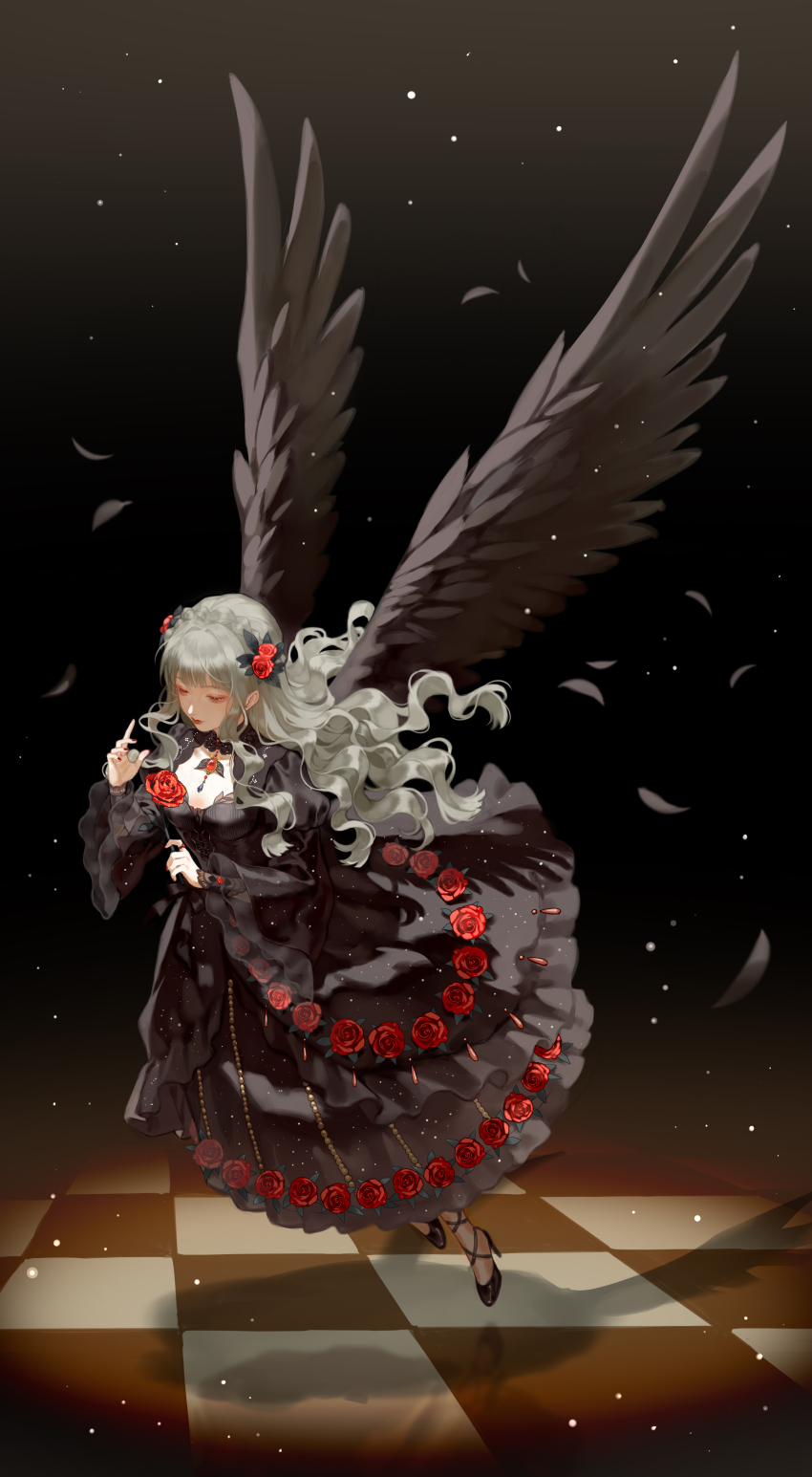 1girl, absurdres, black_background, black_choker, black_dress, black_footwear, black_wings, blunt_bangs