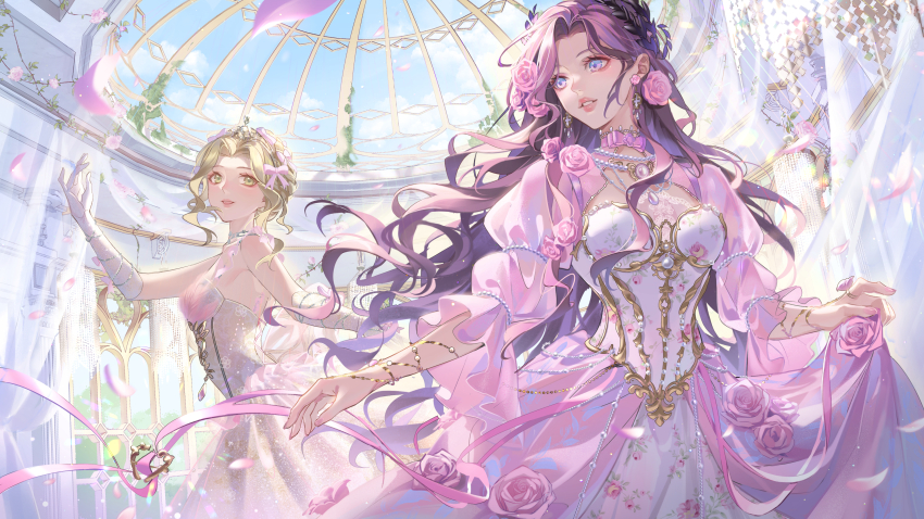 2girls, absurdres, blonde_hair, blue_eyes, bow, bow_choker, bracelet, braid