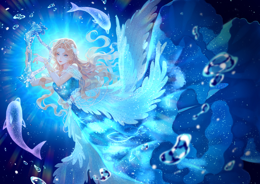 1girl, absurdres, air_bubble, blonde_hair, blue_dress, blue_eyes, bubble, caustics