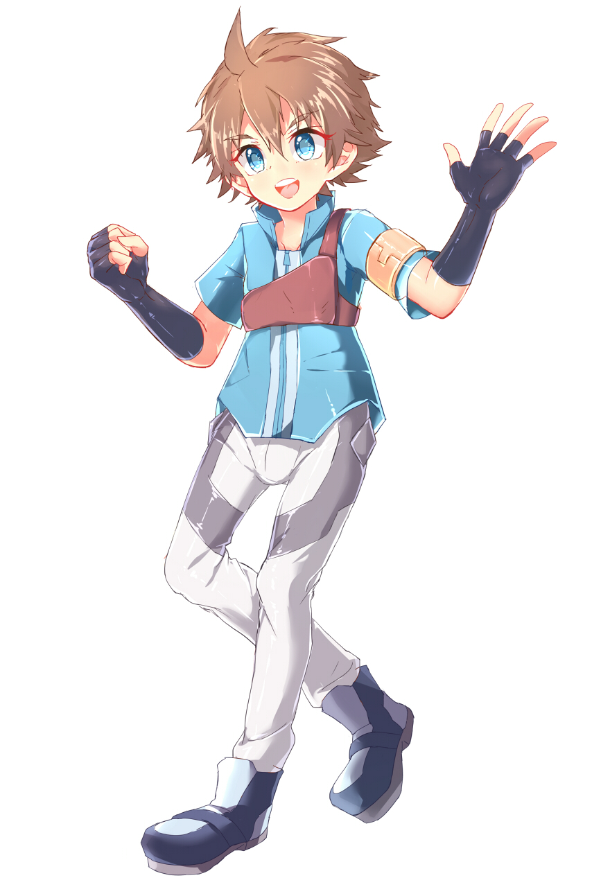 armlet, armor, blue_eyes, blue_jacket, breastplate, child, fingerless_gloves, gloves