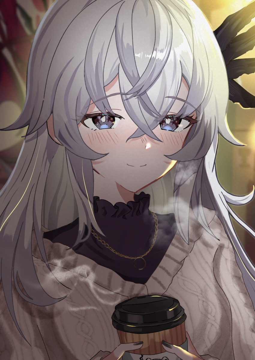 1girl, absurdres, alternate_costume, aran_sweater, black_nails, blue_eyes, blush, breath, cable_knit, closed_mouth, commentary_request, contemporary, crossed_bangs, cup, disposable_coffee_cup, disposable_cup, fate/grand_order, fate_(series), fingernails, grey_sweater, hair_ornament, highres, holding, holding_cup, jewelry, long_hair, necklace, saika_magoichi_(fate), smile, solo, sweater, white_hair, yuritoame