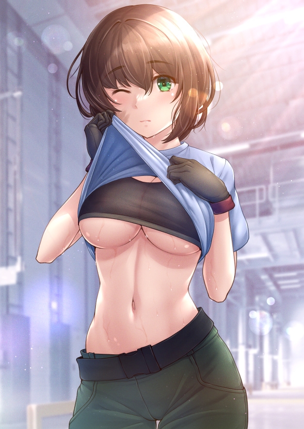1girl, belt, black_gloves, black_sports_bra, blue_shirt, breasts, brown_hair, closed_mouth