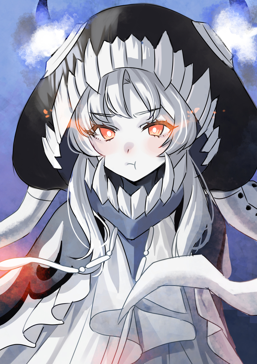 1girl, :t, abyssal_ship, akagi_kurage, black_headwear, blush, cloak, colored_skin