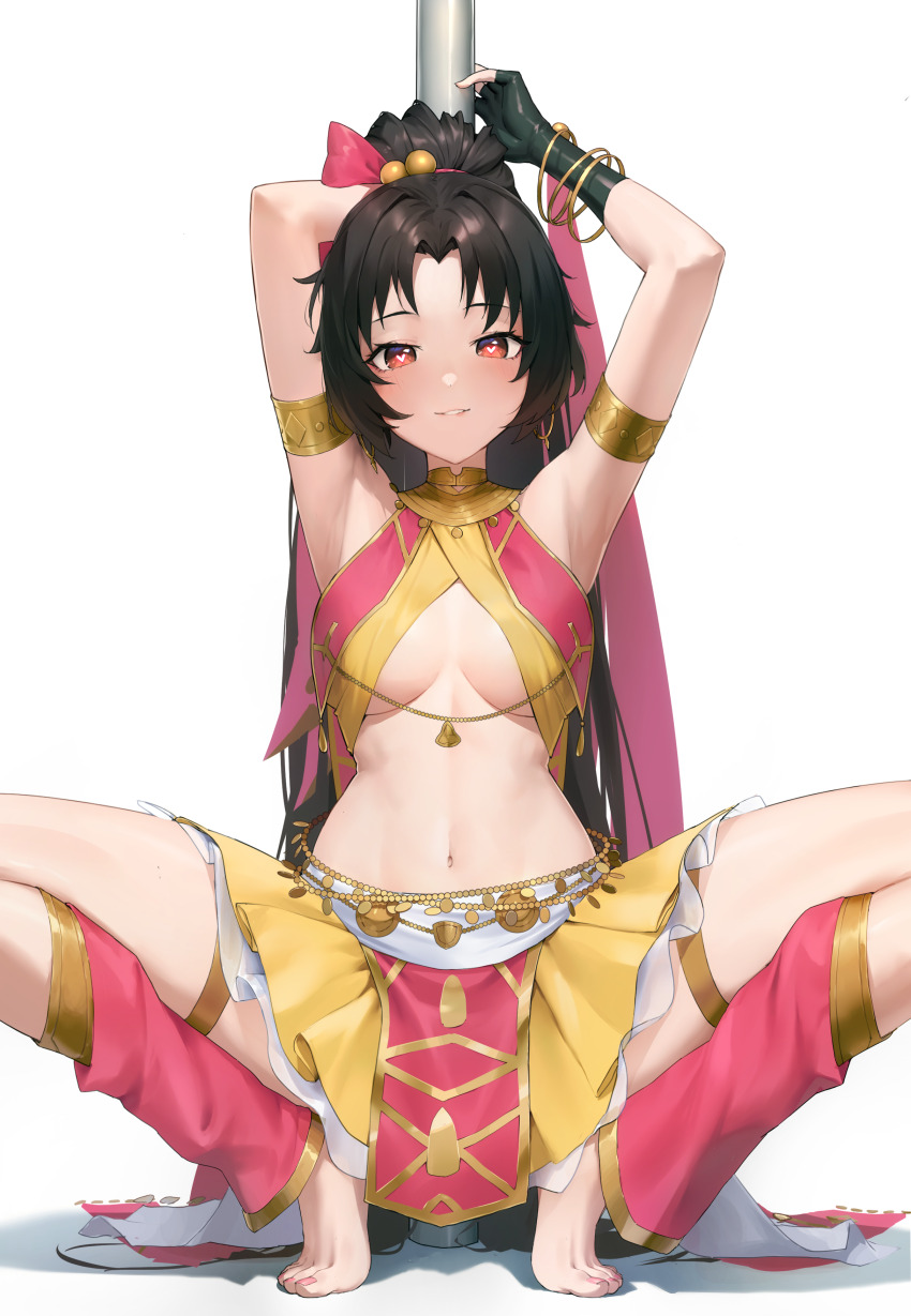 1girl, absurdres, alaskastomatoez, armlet, armpits, arms_behind_head, arms_up, bare_shoulders