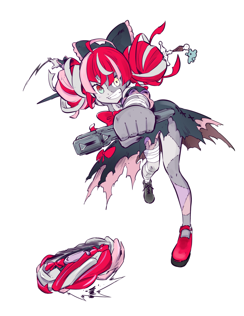 1girl, adachi_takafumi, asymmetrical_footwear, bandaged_leg, bandages, beyblade, beyblade_(object), bow, colored_skin, commentary_request, double_bun, full_body, grey_skin, grin, hair_bow, hair_bun, heterochromia, highres, hololive, hololive_indonesia, kureiji_ollie, kureiji_ollie_(1st_costume), looking_at_viewer, mismatched_footwear, mismatched_pupils, multicolored_hair, outstretched_arms, patchwork_skin, red_hair, simple_background, smile, solo, spread_arms, standing, standing_on_one_leg, stitched_face, stitches, udin_(kureiji_ollie), virtual_youtuber, white_background