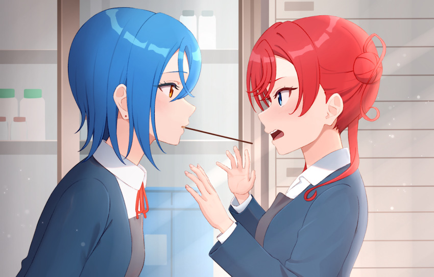2girls, blue_eyes, blue_hair, blue_jacket, boncha, collared_shirt, commentary_request, dress