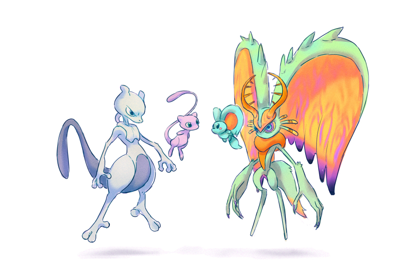 absurdres, animal_ears, antlers, blush_stickers, cat_ears, cat_tail, claws, elfilin, erkshnrt, fecto_elfilis, floating, full_body, furry, gen_1_pokemon, highres, horns, kirby_(series), kirby_and_the_forgotten_land, legendary_pokemon, mew_(pokemon), mewtwo, mouse_ears, multicolored_eyes, mythical_pokemon, nintendo, pokemon, pokemon_(creature), purple_eyes, simple_background, solid_oval_eyes, tail, white_background, wing_ears